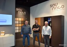 Peter van Winkel (midden) van Saunaco met Henk Vrancken en Patrick van Roey (rechts). Het bedrijf presenteerde zich voor de eerste keer op de IMM en pakte uit met enkele mooie nieuwigheden.